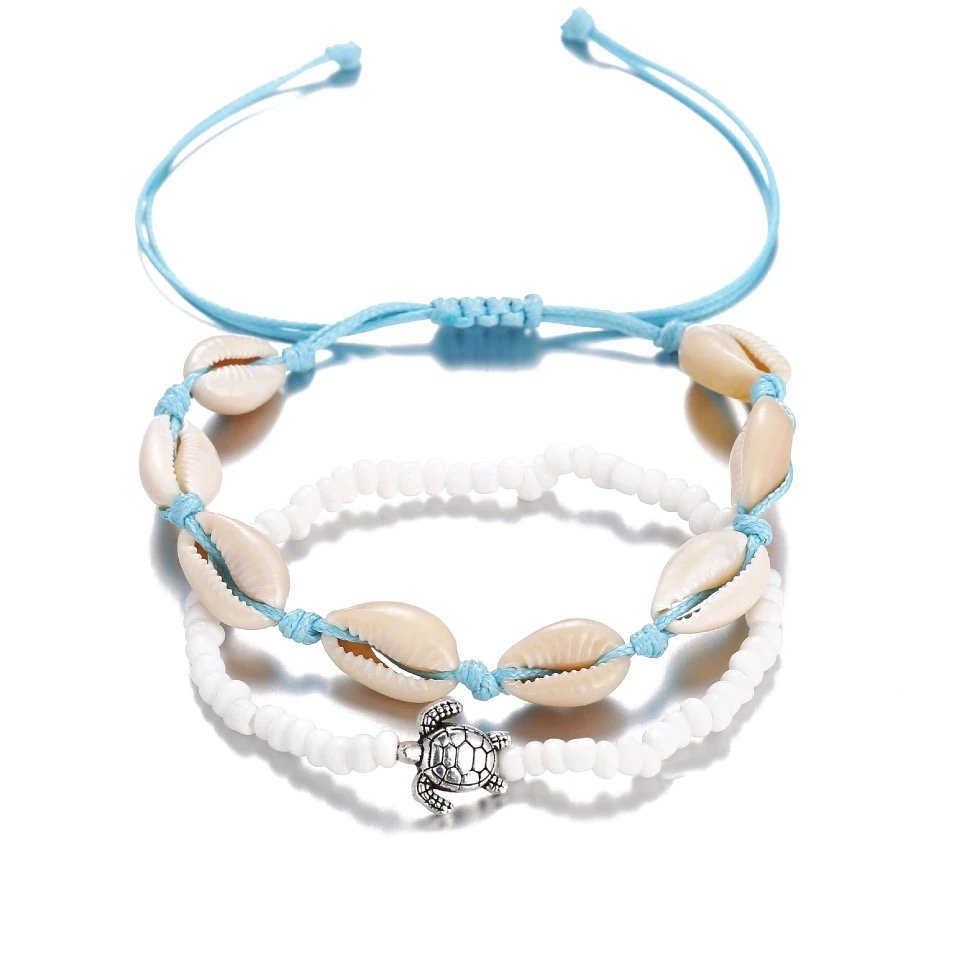 Genuine Seashell, Cowrie, Layered 2pc Trendy Ankle Bracelet Set