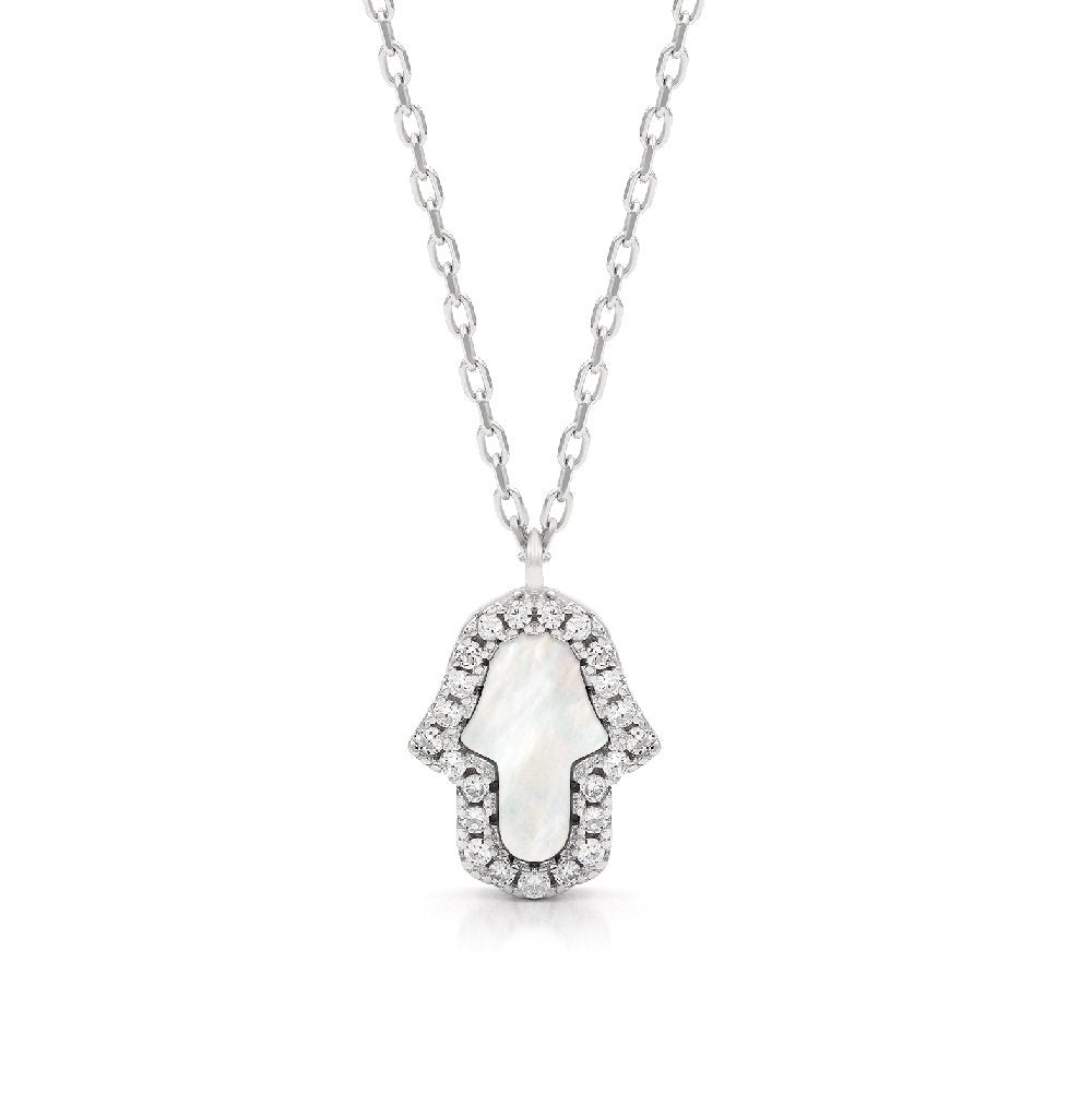 925 Sterling Silver Micro Pave Mother of Pearl Hamsa, Hand of God Minimalist Necklace