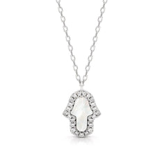 925 Sterling Silver Micro Pave Mother of Pearl Hamsa, Hand of God Minimalist Necklace