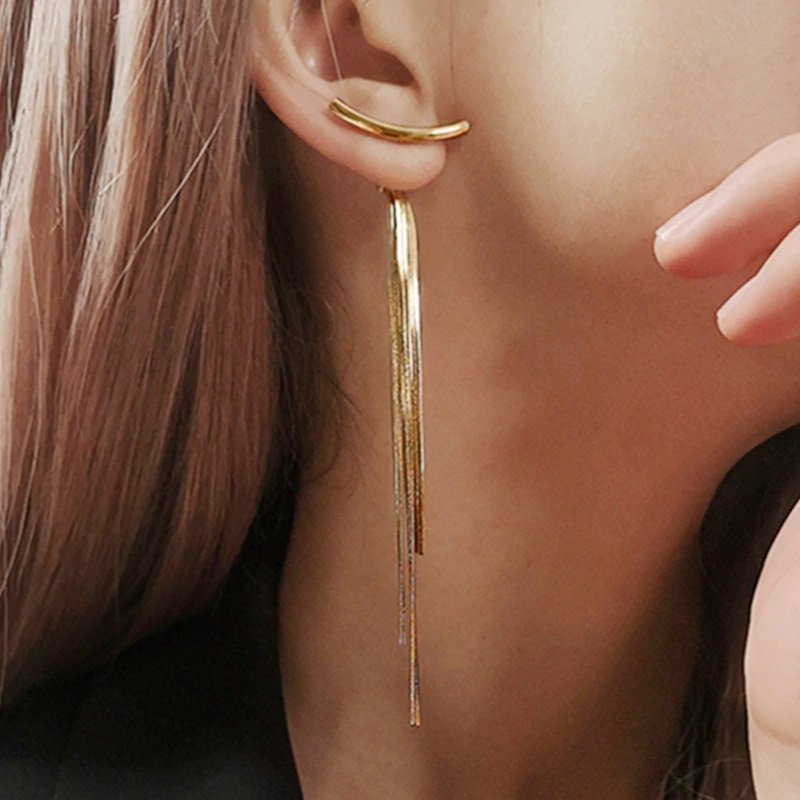 Gold Plated Long Tassel Herringbone Earrings