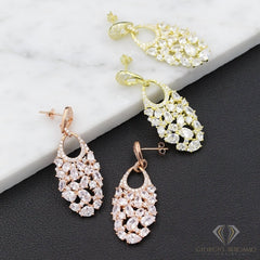 925 Sterling Silver Gold Plated Micro Pave Fancy Oval Cluster Dangle Drop Earrings