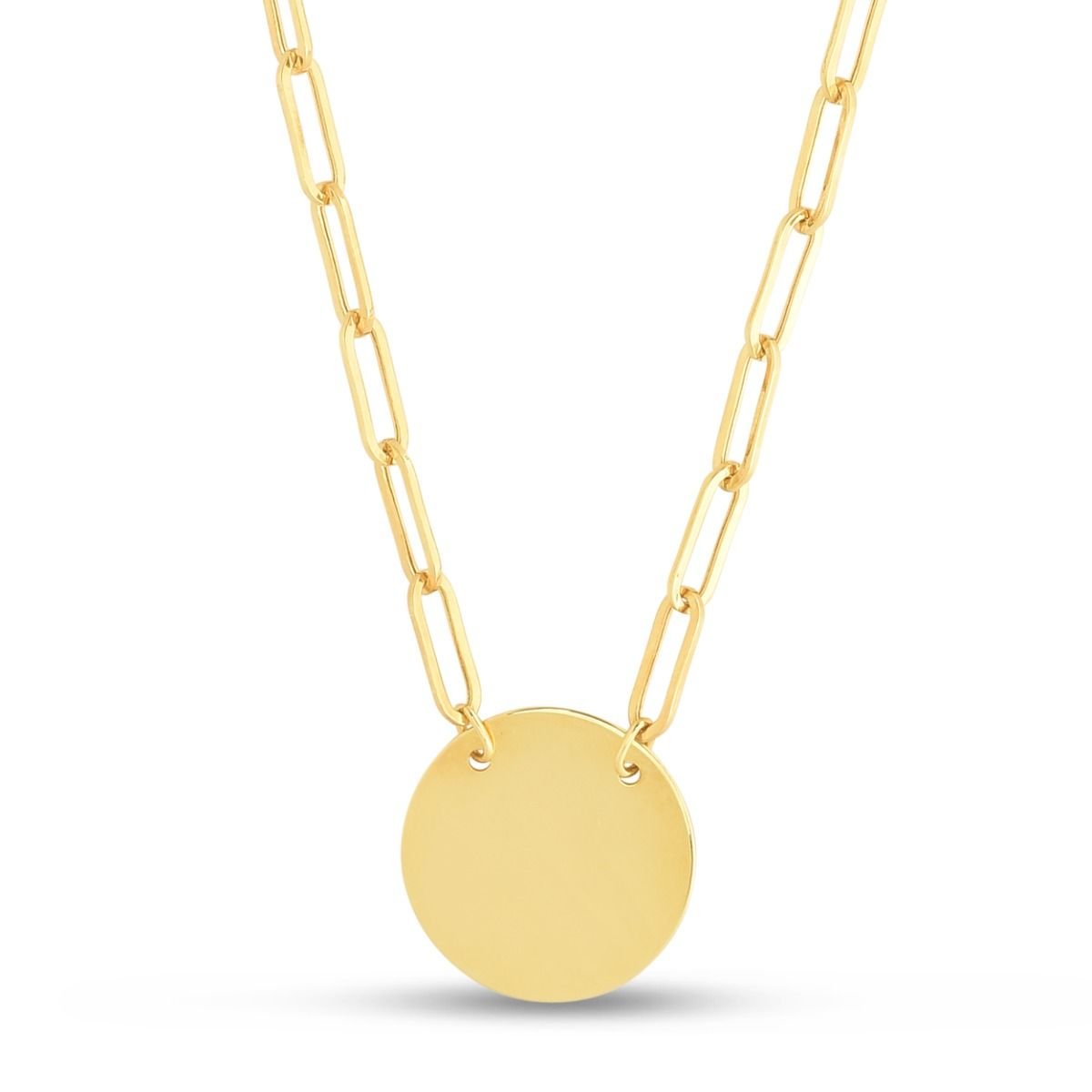 14K Yellow Gold Paper Clip Circle Disc Necklace,Engraveable