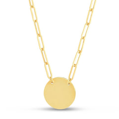 14K Yellow Gold Paper Clip Circle Disc Necklace,Engraveable