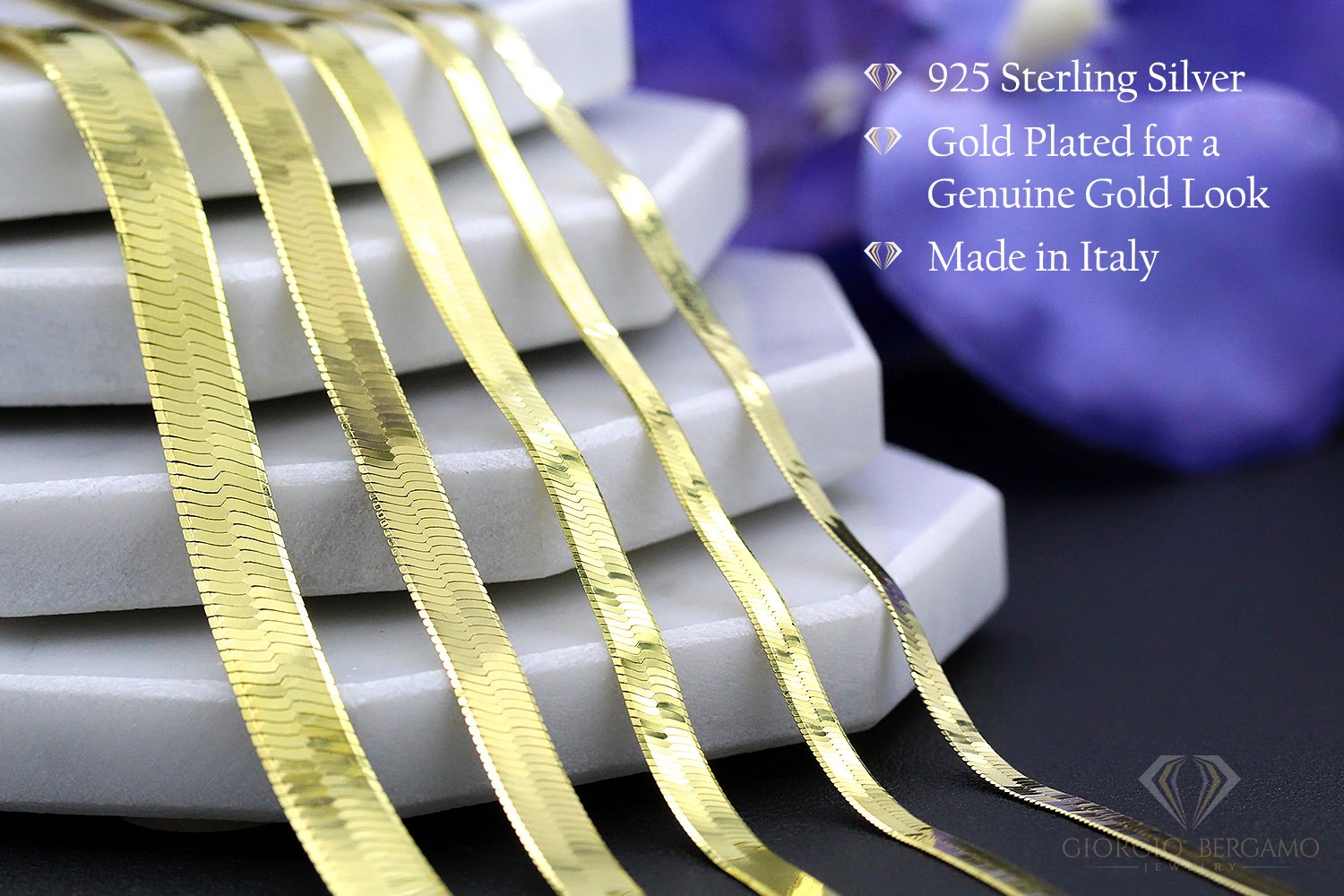925 Sterling Silver 2.5mm Flat Herringbone Link Yellow Gold Plated Chain