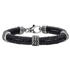 925 Sterling Silver Genuine Leather Double Row Station Bracelet