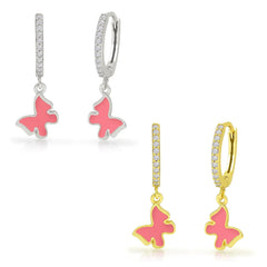 925 Sterling Silver Butterfly Pink Enamel Dangle Drop Earrings