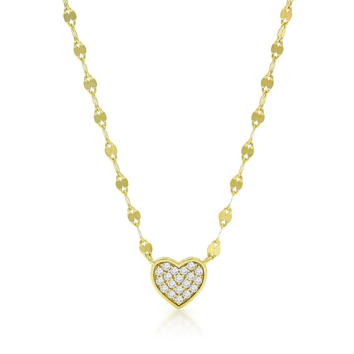 925 Sterling Silver Mirror Link Pave Heart Minimalist Necklace