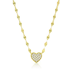925 Sterling Silver Mirror Link Pave Heart Minimalist Necklace