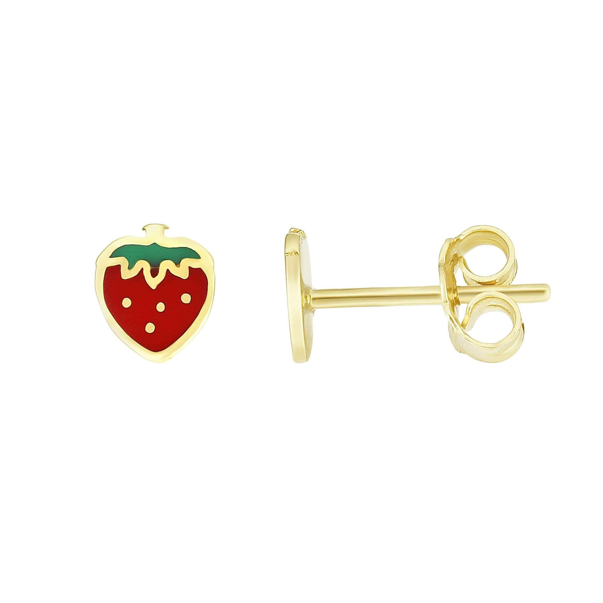 14K Yellow Gold Strawberry Enamel Childrens Stud Earrings