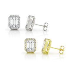 925 Sterling Silver Gold Plated Micro Pave Emerald Halo Stud Earring