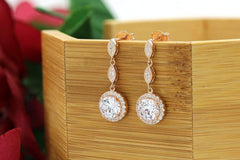 925 Sterling Silver Rose Gold Plated Micro Pave Halo Drop Earrings