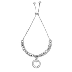 925 Sterling Silver Open Heart Disc Adjustabe Pull Bolo Bracelet