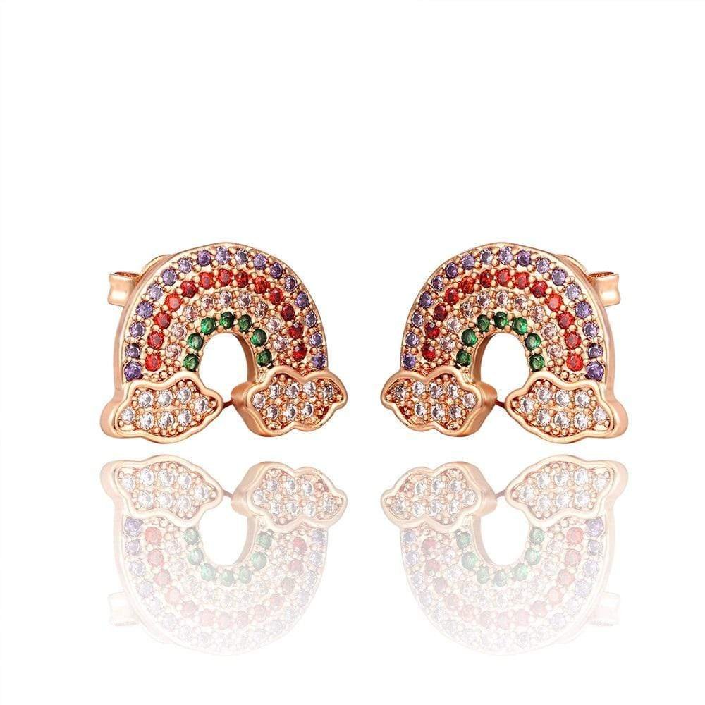 Rose Gold Plated Rainbow Studded Cubic Zirconia Rainbow Stud Earrings