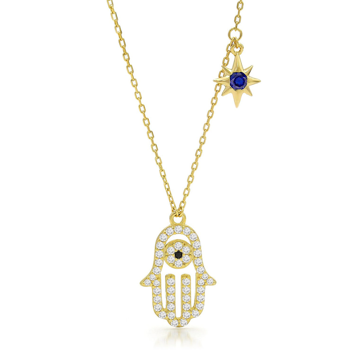 925 Sterling Silver Yellow Gold Plated Hand of God, Hamsa, Evil Eye Pendant Necklace