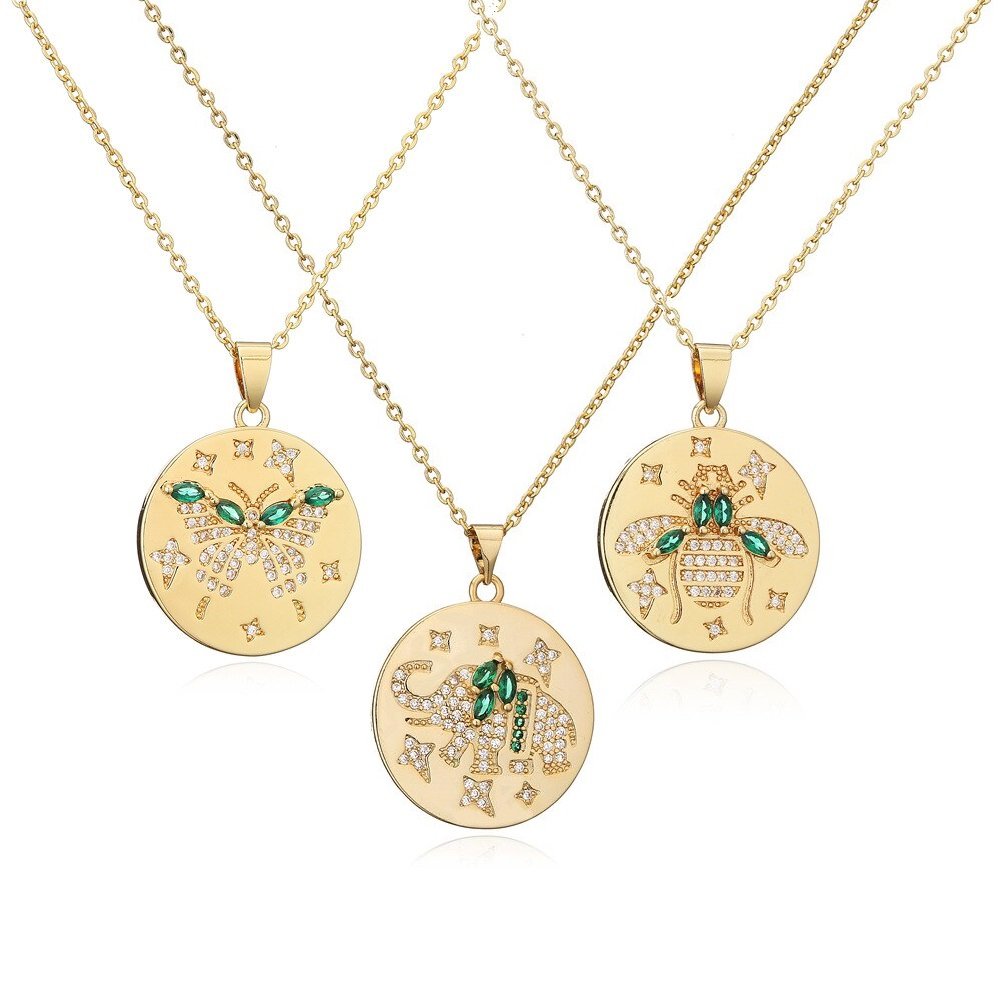 Gold Plated Micro Pave Emerald Green Butterfly, Elephant, Bumblebee Disc Pendant Necklace