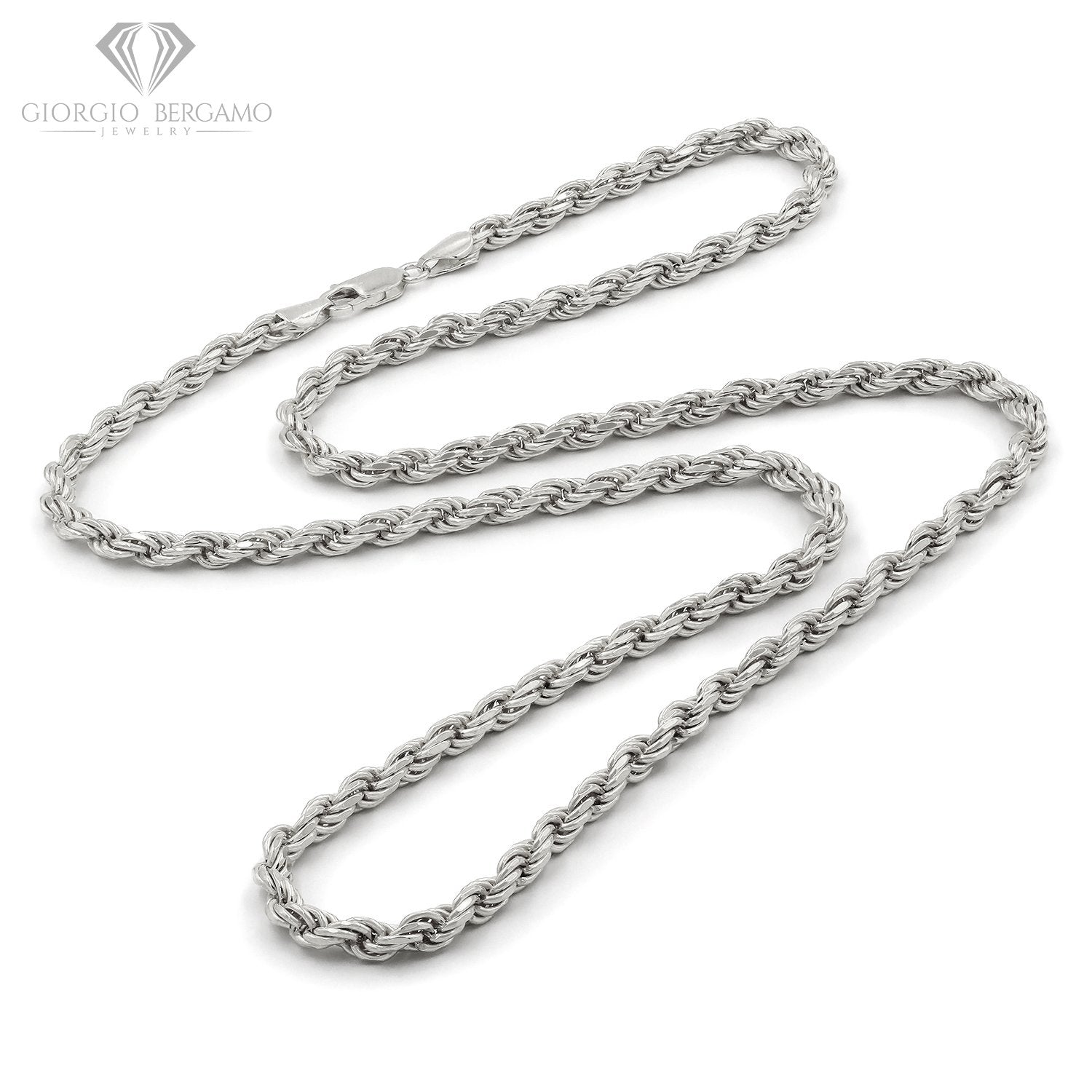 925 Sterling Silver 5mm Solid Rope Diamond Cut Rhodium Chain