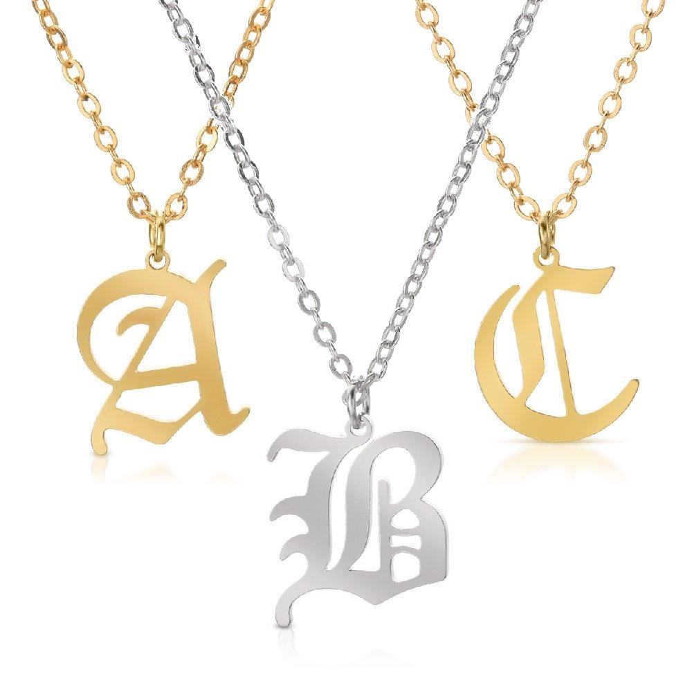 Stainless Steel Gothic, Old English Initial A - Z Letter Alphabet Pendant Necklace