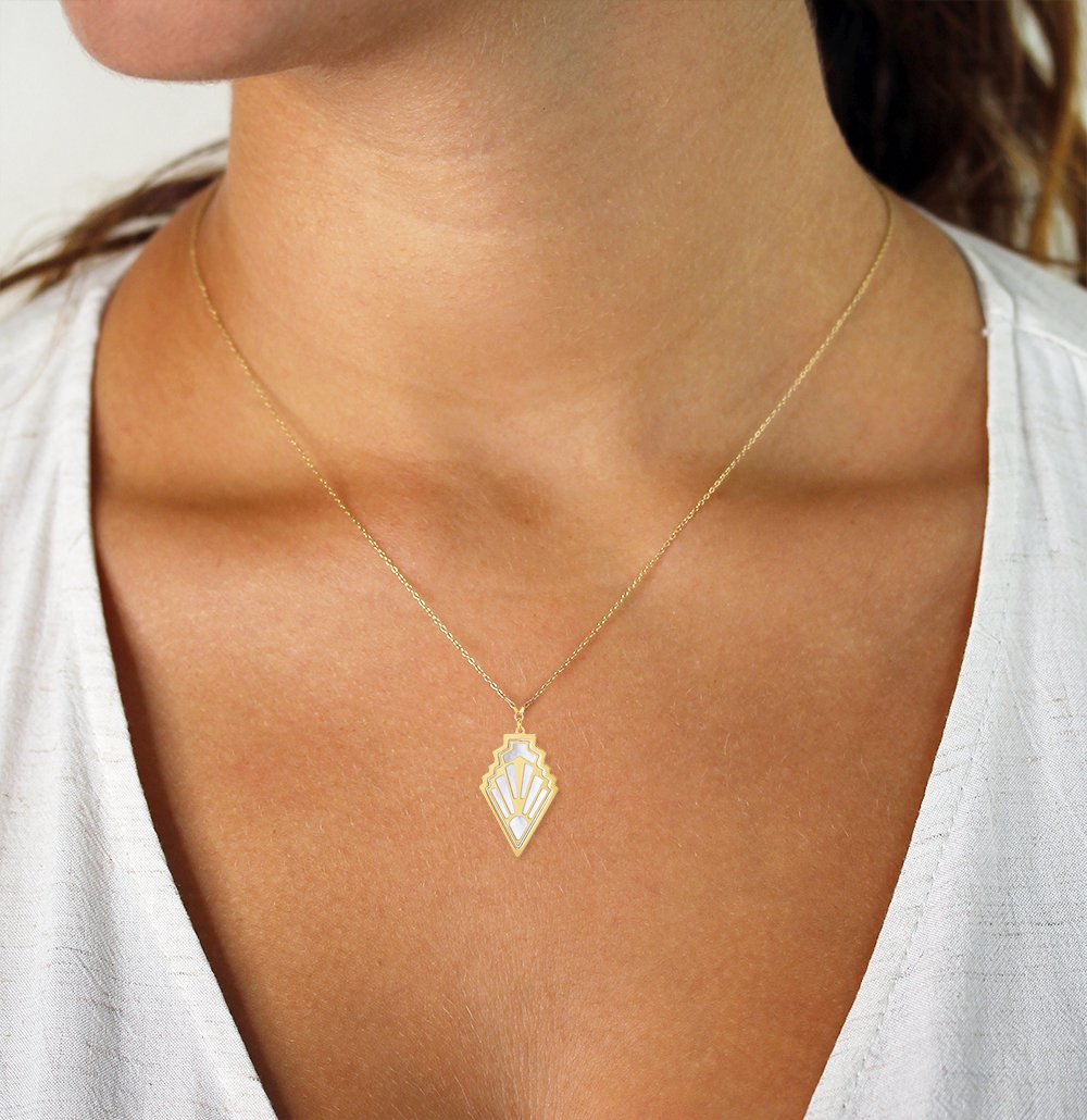 14K Yellow Gold Mother of Pearl Art Deco Pendant Necklace