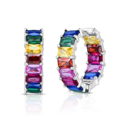 925 Sterling Silver Rainbow Inside Out Baguette Hoop Earrings